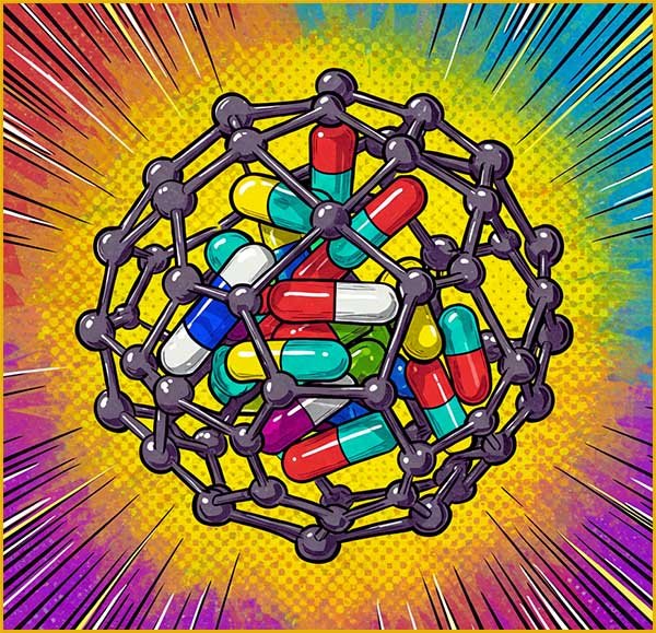 Cartoon style image showing drug molecules inside a buckyball